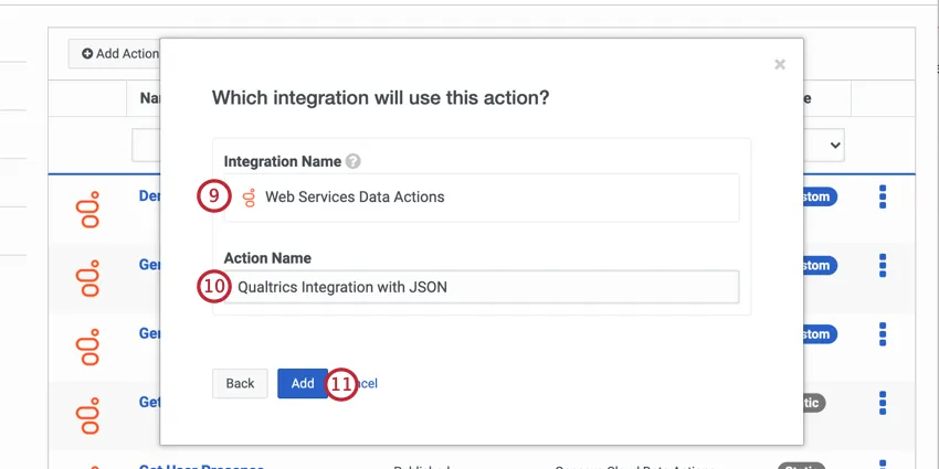 giving the integration a name and giving the action a name