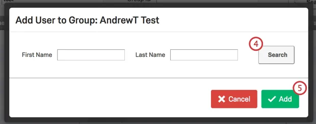 First and Last Name search boxes in the Add User to Group menu