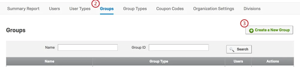 Create a New Group button in top-right corner of Groups tab in the Admin page