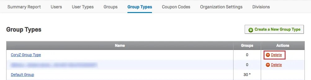 Option to Delete a Group Type in the righthand column called Actions