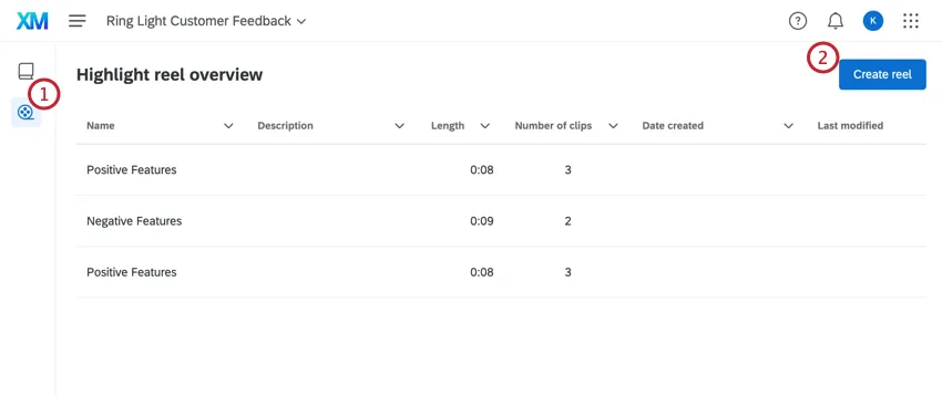 Übersicht über Highlight-Reel mit hervorgehobener Schaltfläche „Reel erstellen“