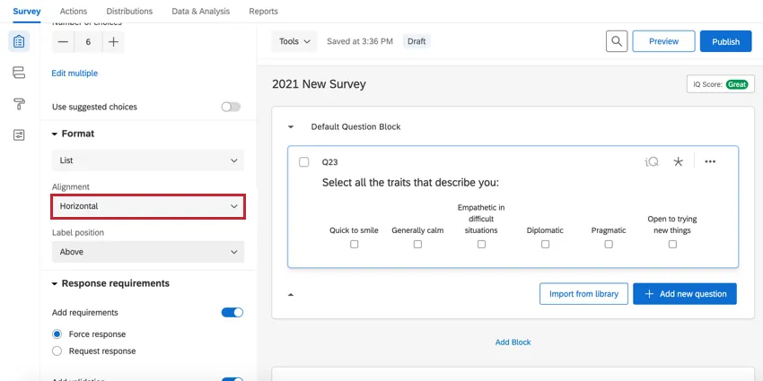 una domanda a scelta multipla nel formato orizzontale