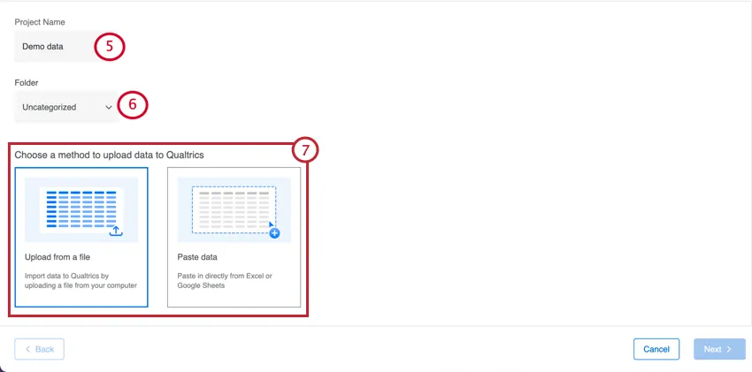 giving the project a name, choosing the folder, and selecting the import method