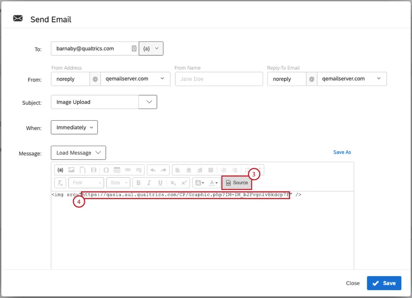 Imagen de la pantalla de Tarea de correo electrónico con fuente HTML seleccionada