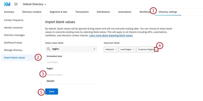 Sección Importar valores en blanco de la configuración del directorio , con las áreas de la configuración resaltadas