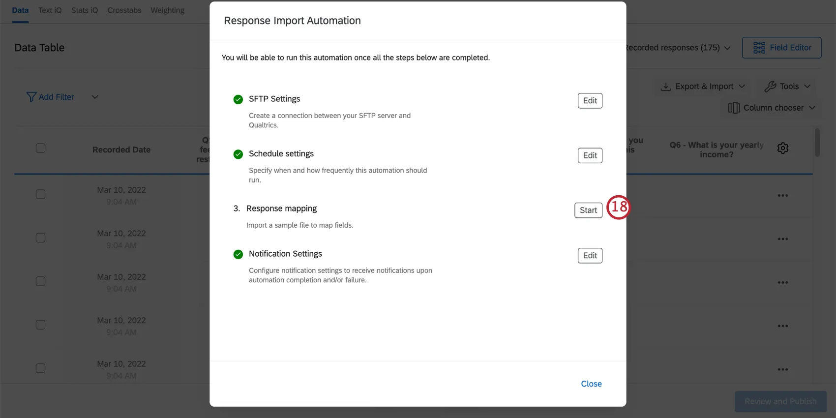 creating a response import automation. click start next to response mapping