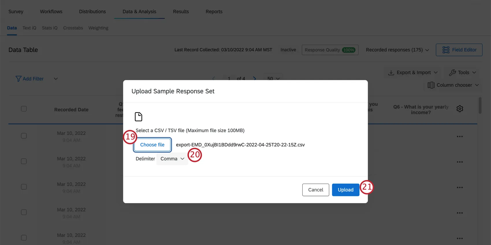 clique em browse para carregar um arquivo e use o menu suspenso de delimitador para selecionar o delimitador amostra arquivo