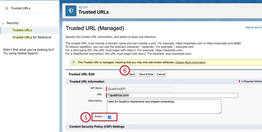Casilla de verificación activa en la configuración de URL confiable