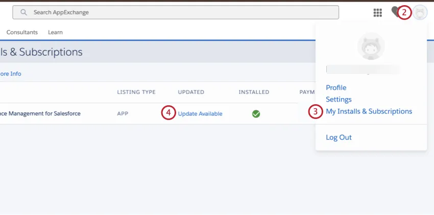 A seção Minhas instalações e assinaturas do salesforce