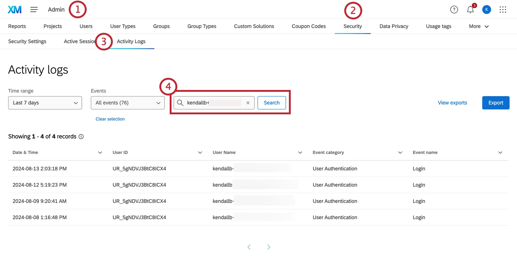 Na guia de registros de atividades, a barra de pesquisa é destacada