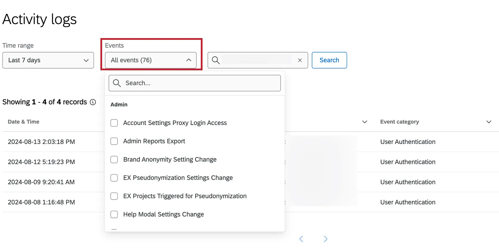 events bar in the activity logs section, the dropdown is highlighted