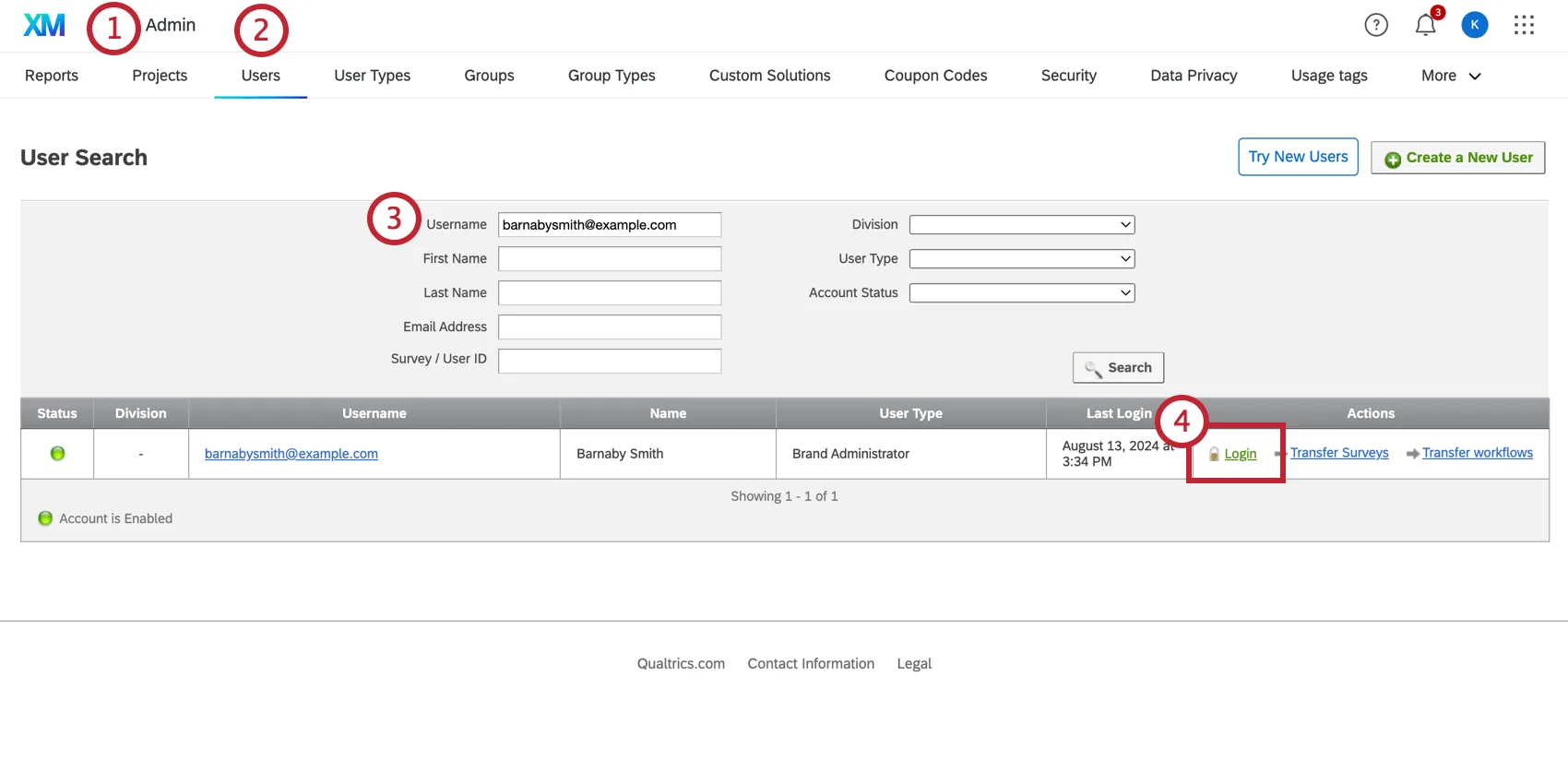 En la configuración de administración, la pestaña de usuarios con un usuario seleccionado y el inicio de sesión resaltado