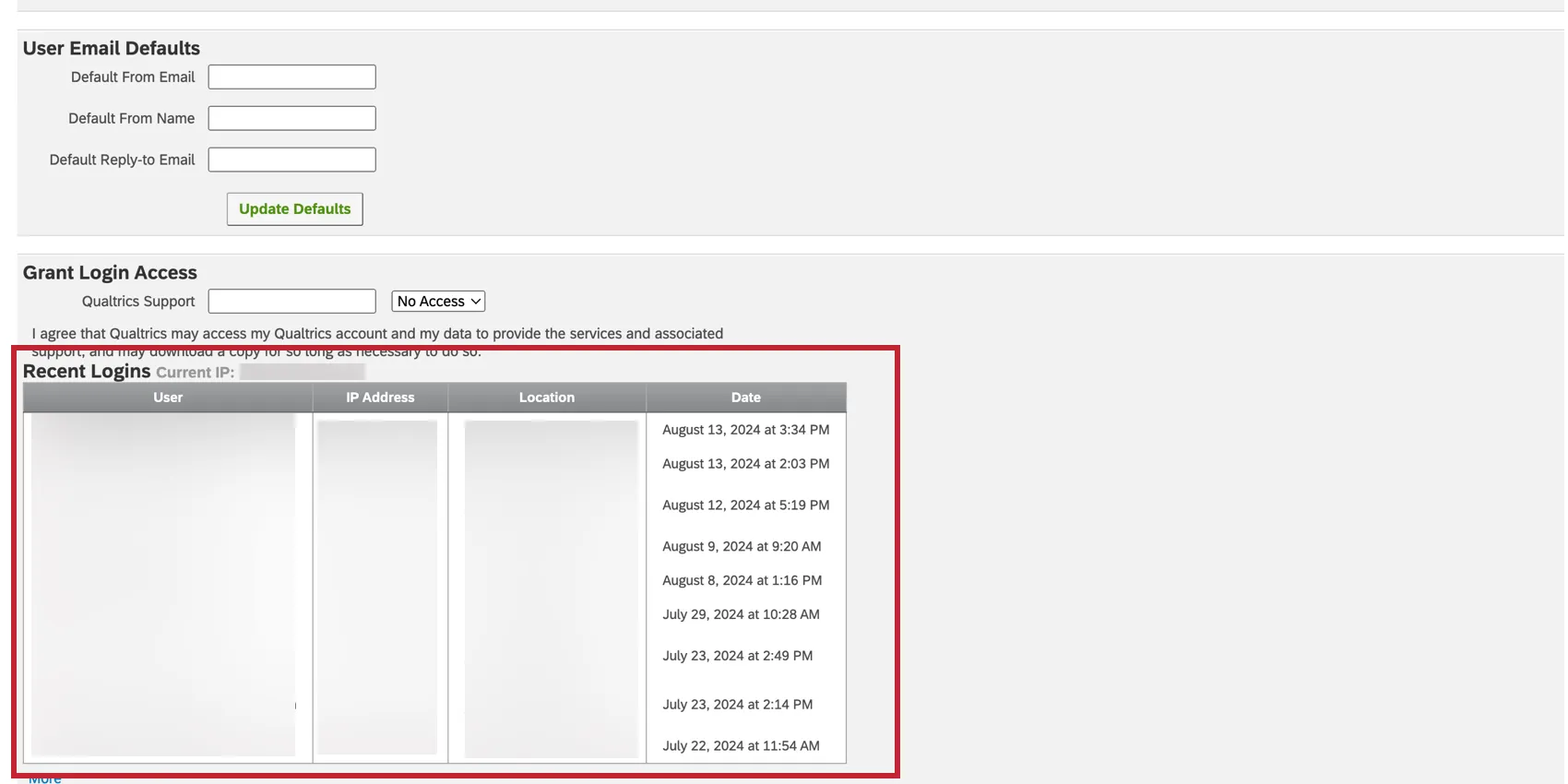 Tabela de logins recentes