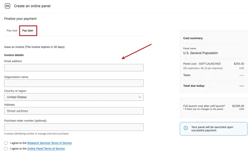Guia Pay later (Pagar depois), com uma seta apontando para a caixa de texto do endereço de e-mail