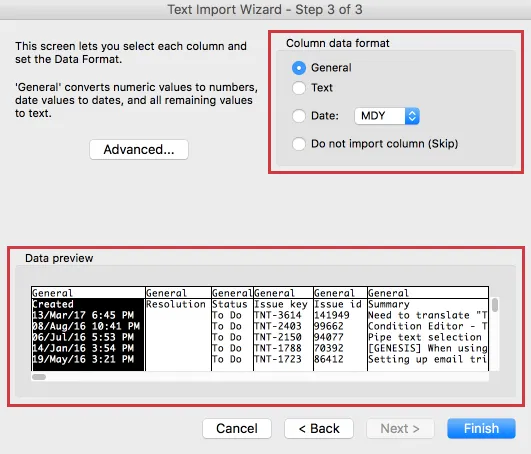 Column data format radio buttons and Data preview in Text Import Wizard