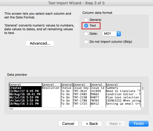 Text Radio button in Column Data format section