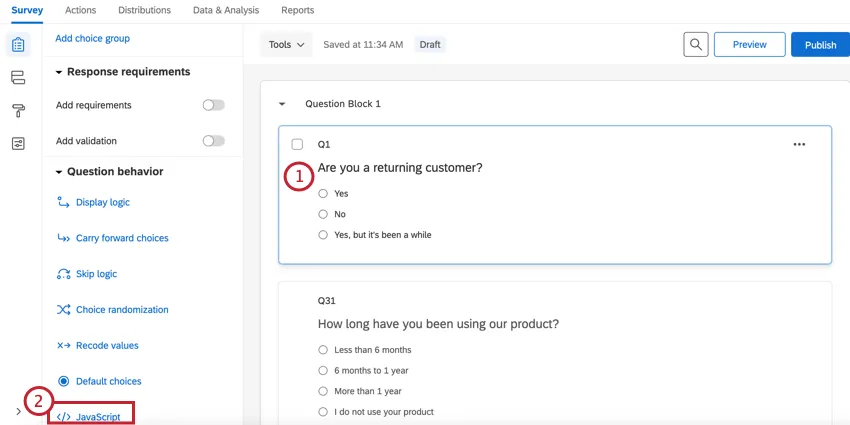 selecting a question and then clicking Javascript