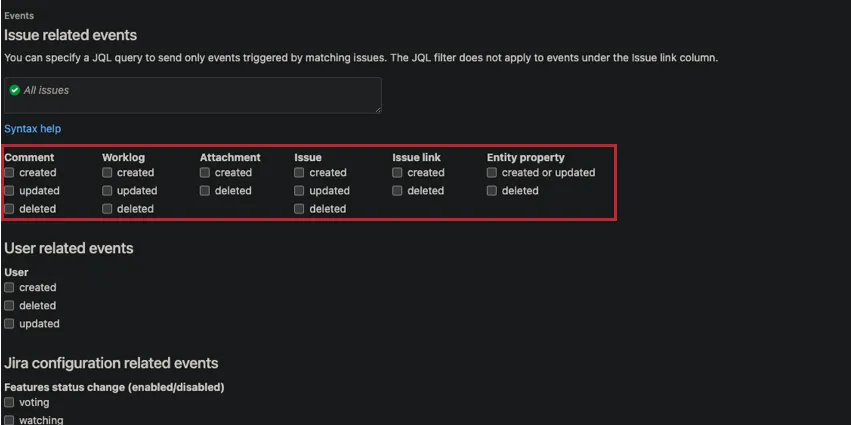 Select which issue related events pertain to the Jira event in qualtrics.