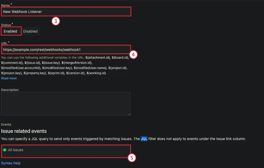 Etapas de configuração do webhook do Jira