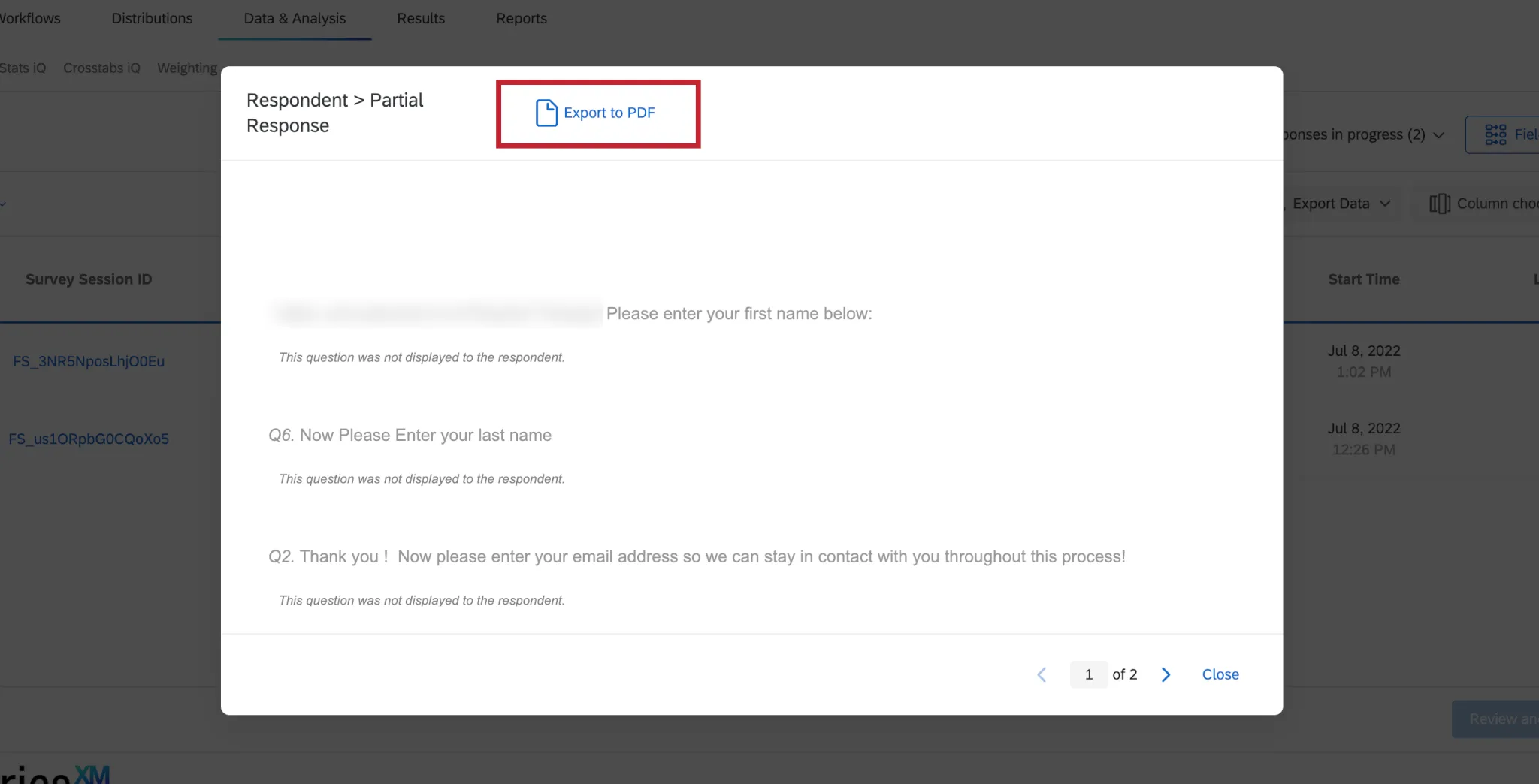 進行中の回答が表示され、PDFへの書き出しが強調表示されました。