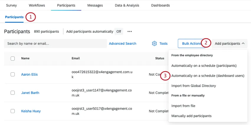 Participants tab of Lifecycle project and the options that appear under the add participants dropdown