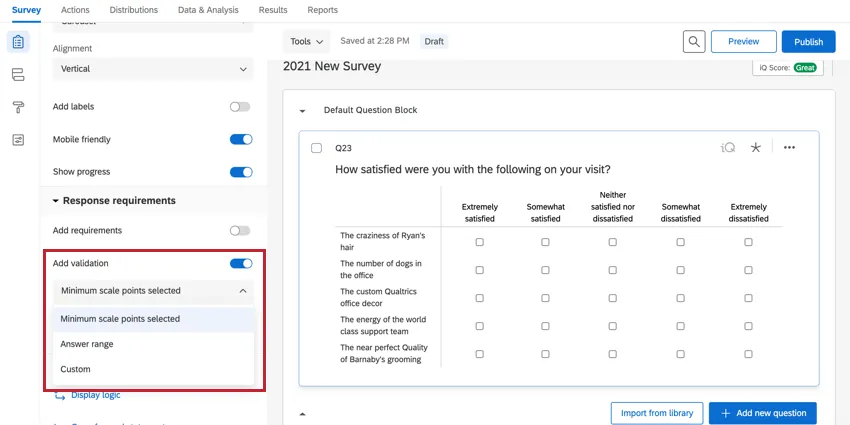the add validation options for a likert