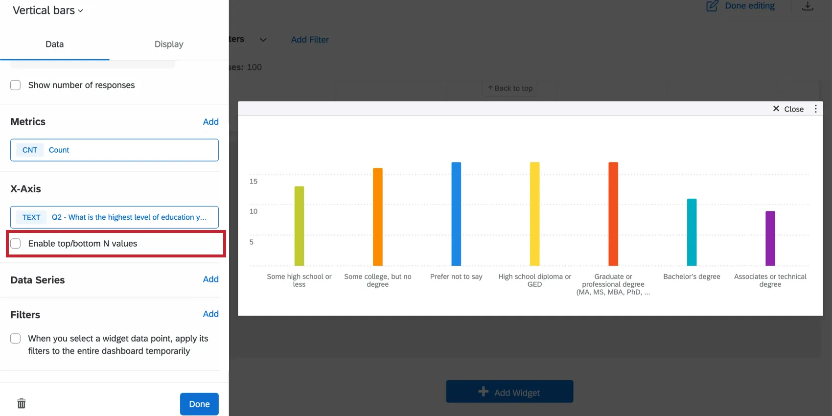 Mostra o botão de ativação dos valores N superiores/inferiores.