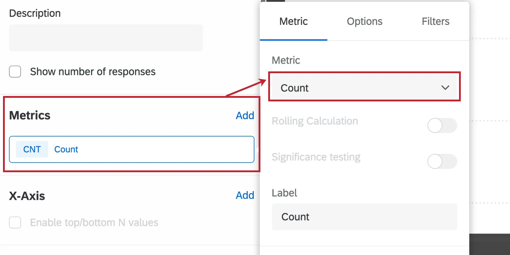Shows the metrics dropdown highlighting the count field.