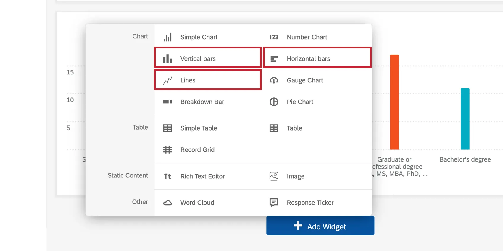 Mostra i grafici a linee e a barre dalla schermata del menu Aggiungi widget.