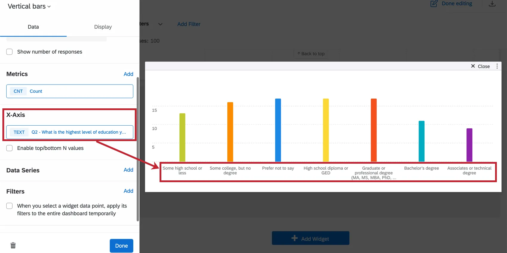 Affiche la configuration de laxe dans le menu du widget.