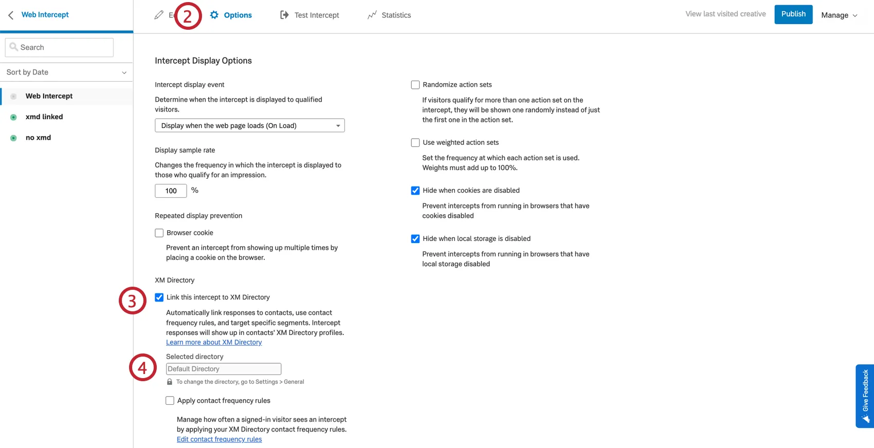 longlet des options dintercept. loption de lien vers le répertoire XM est activée et le répertoire par défaut est sélectionné