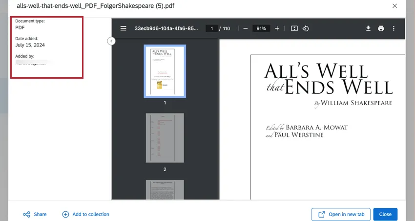 Information section of an uploaded document
