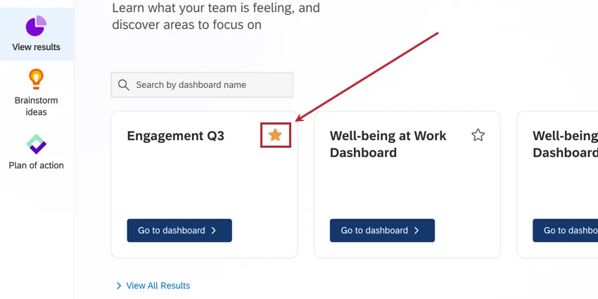 Highlights the star icon next to each dashboard that can be clicked