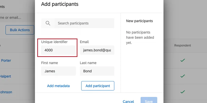 inserção de um valor para o ID exclusivo ao adicionar um participante manualmente