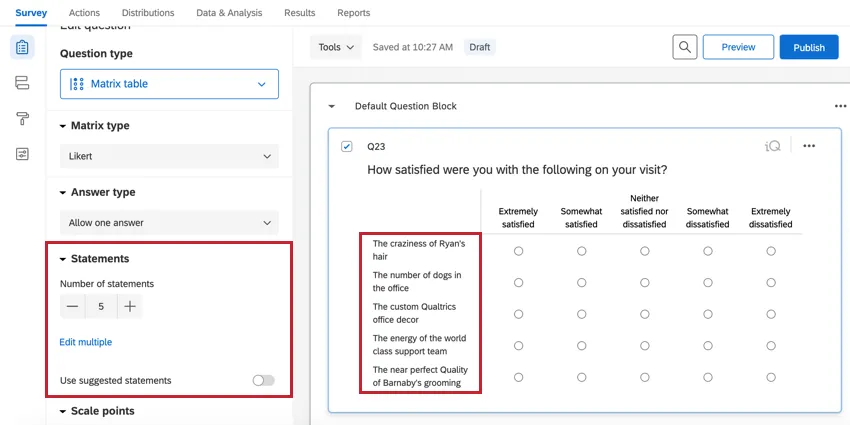 as declarações vão ao lado de uma tabela matriz