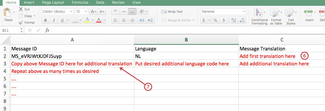 Excel-Datei mit Spalten für Nachrichten-ID, Sprache und Nachrichtenübersetzung