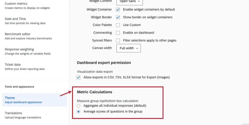 The Metric Calculations setting in the Dashboard theme settings