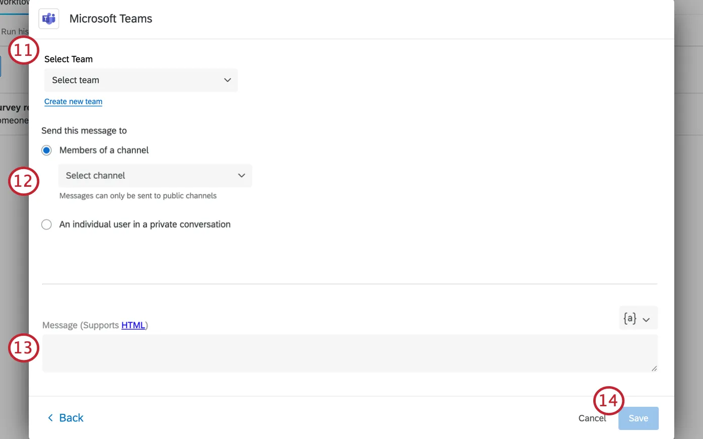 choisir léquipe, le destinataire et saisir un message