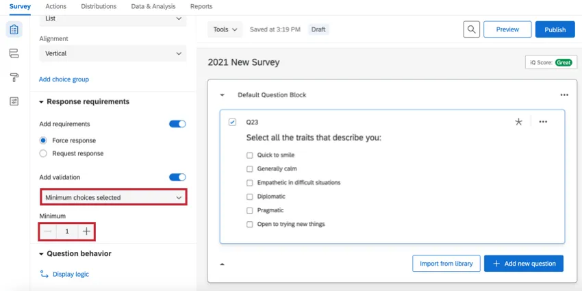 a multiple choice question with a minimum choices set to 1