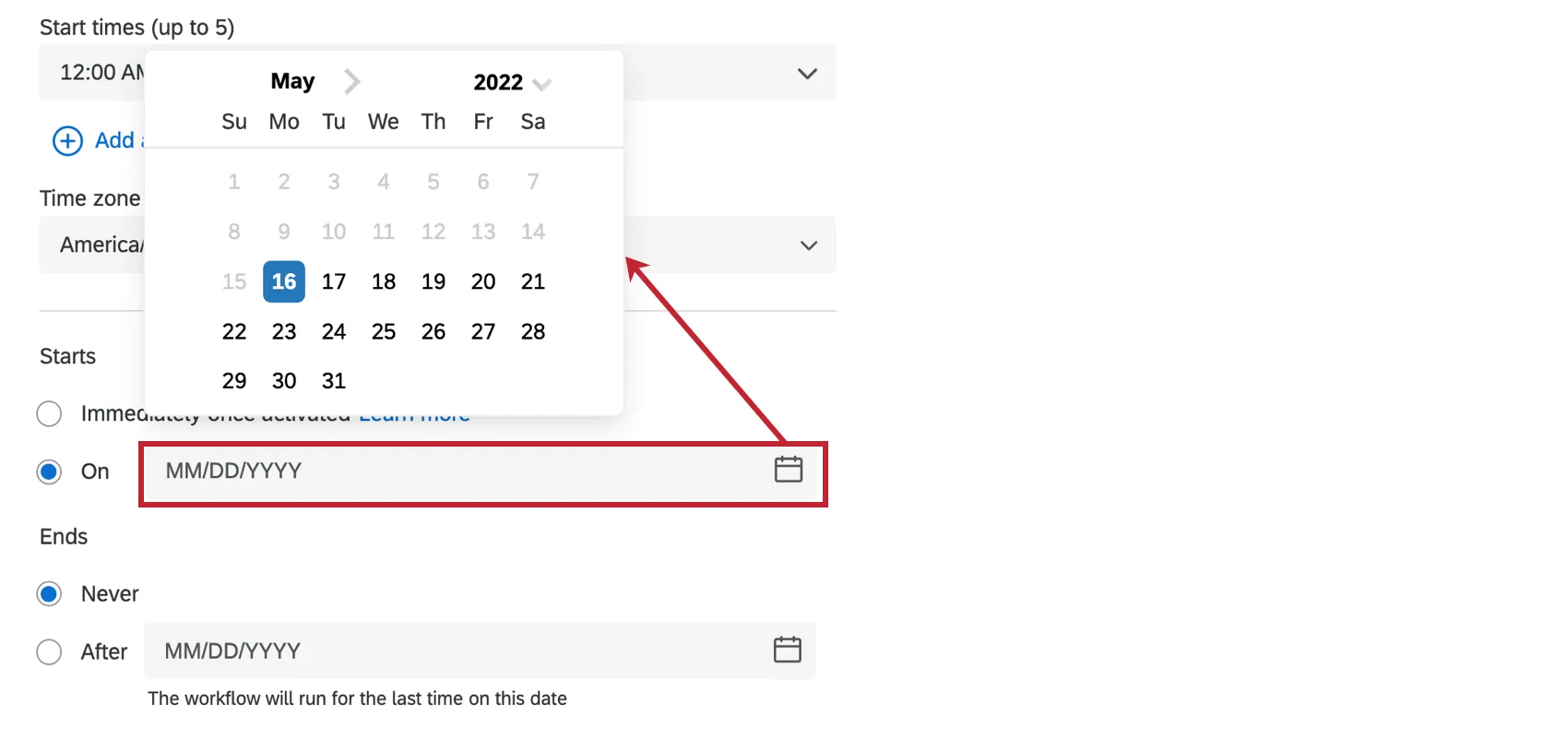 Shows the date selection calendar pop out.