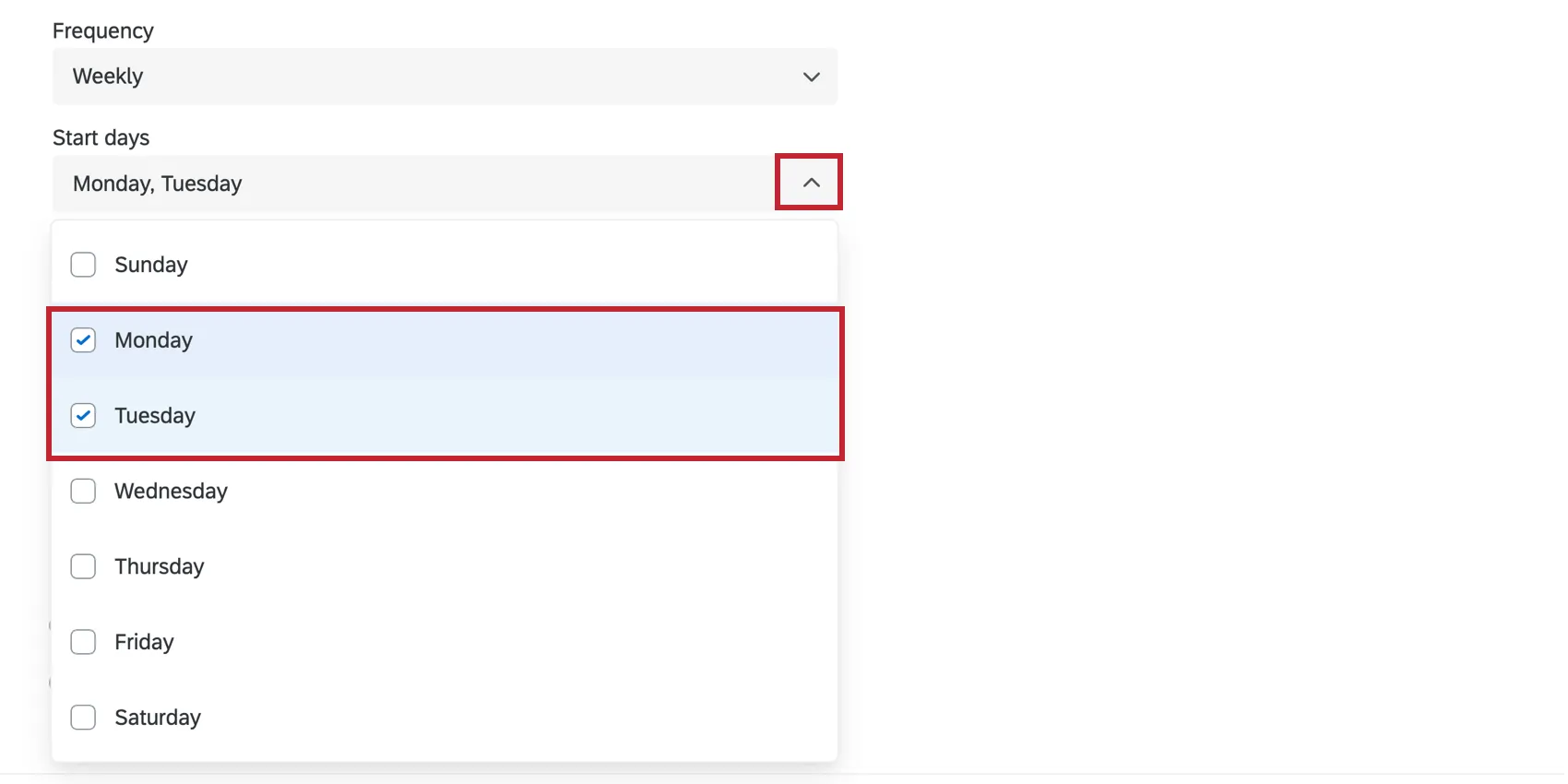Shows multi select days from the start days dropdown menu.