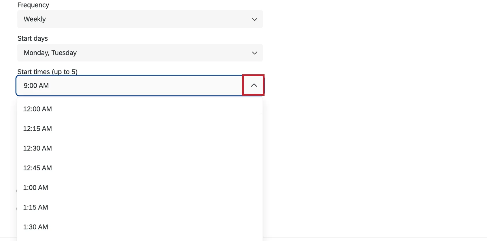 Dropdown „Startzeiten“