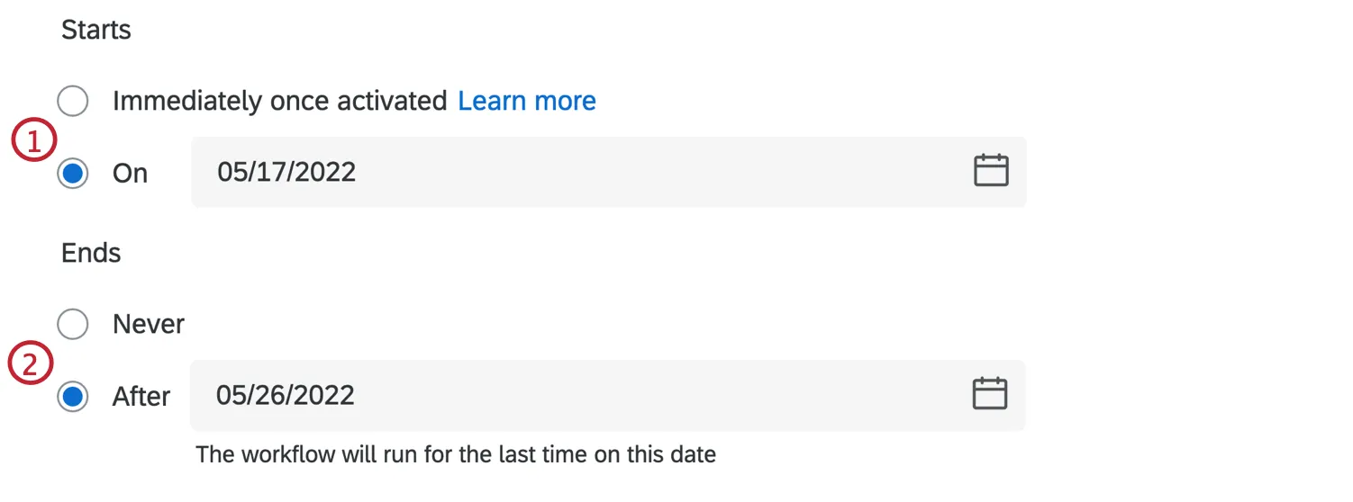 Shows the input for a start and end date in the scheduled workflow.