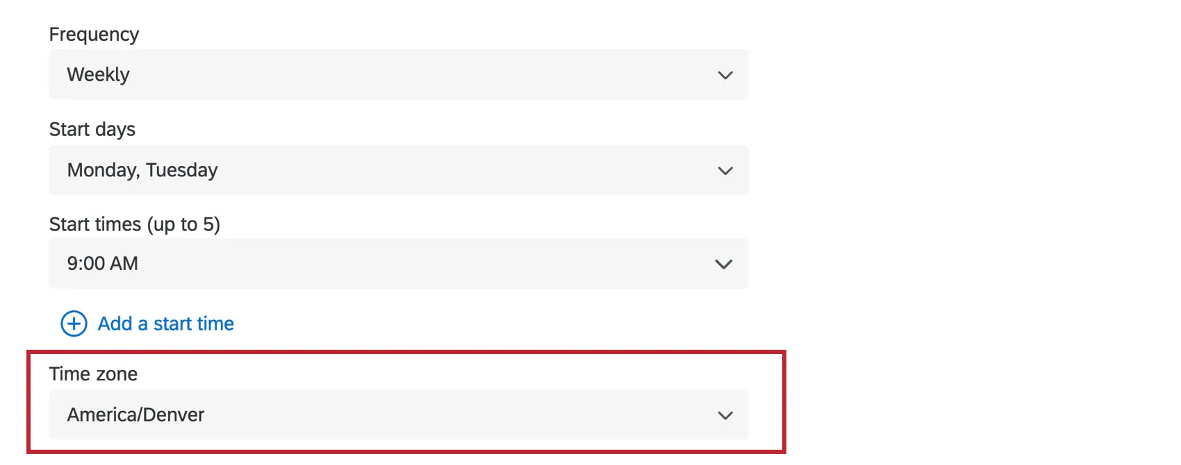 Highlights the timezone selection dropdown.