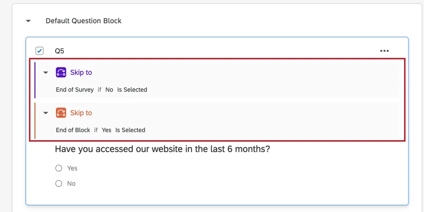 Una pregunta con múltiples lógicas de salto; cada lógica es de un color diferente