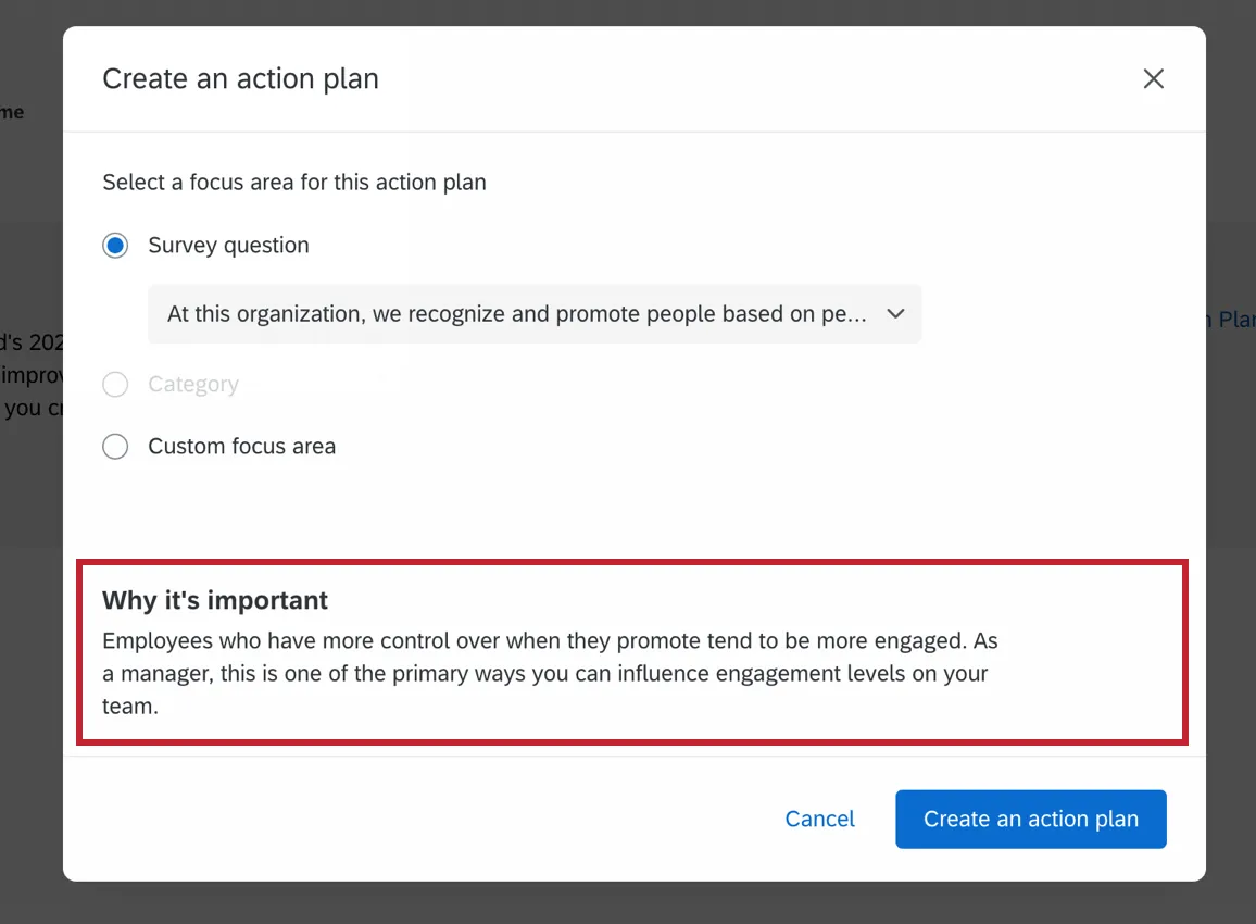 Shows specific guidance in a create an action plan