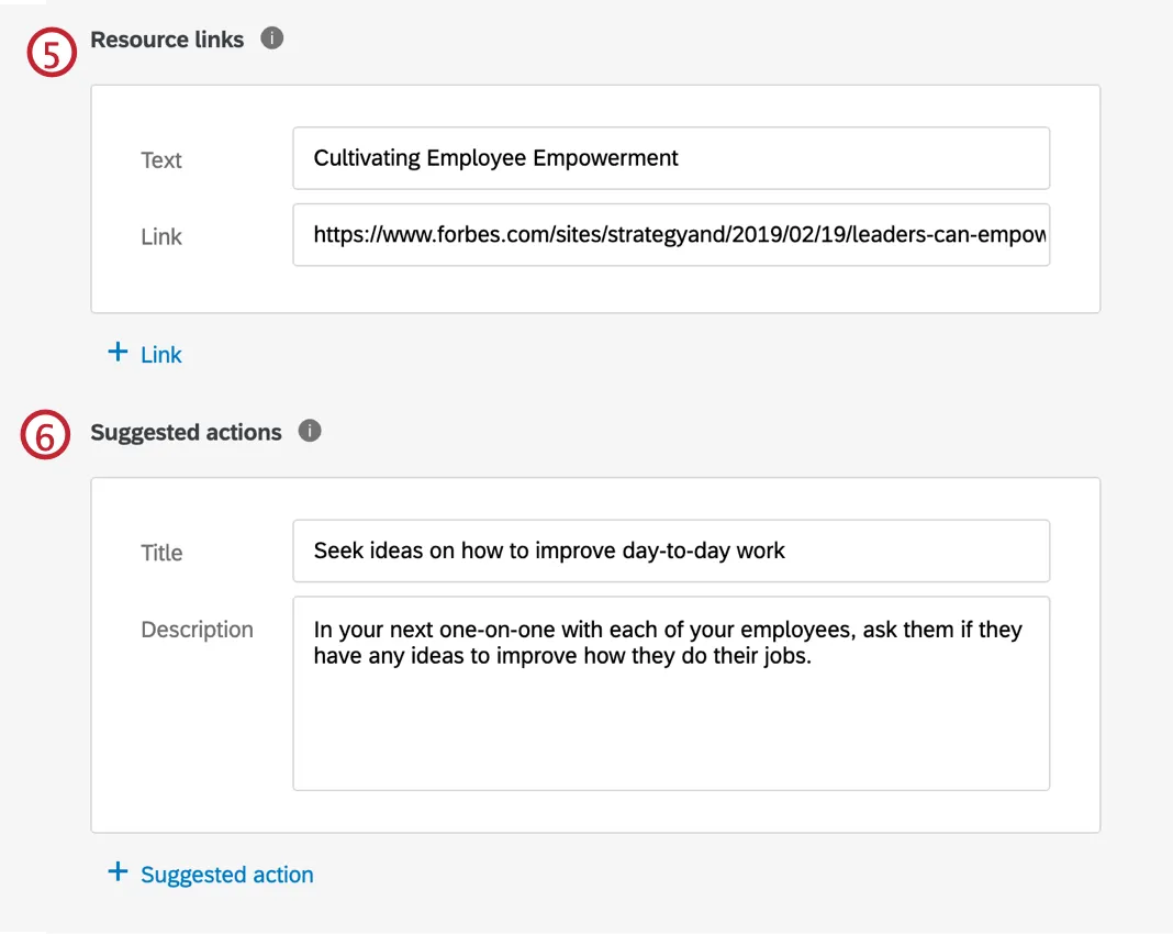 Specific guidance resource links and suggested actions