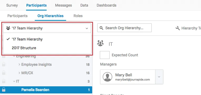 Se abre el menú desplegable de selección de Jerarquía para revelar otras jerarquías que se pueden seleccionar