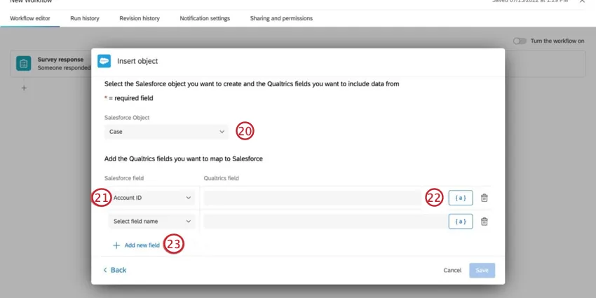Workflow editor configuration, mapping fields to salesforce task.