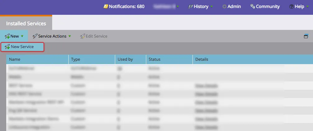 New Service under New tab